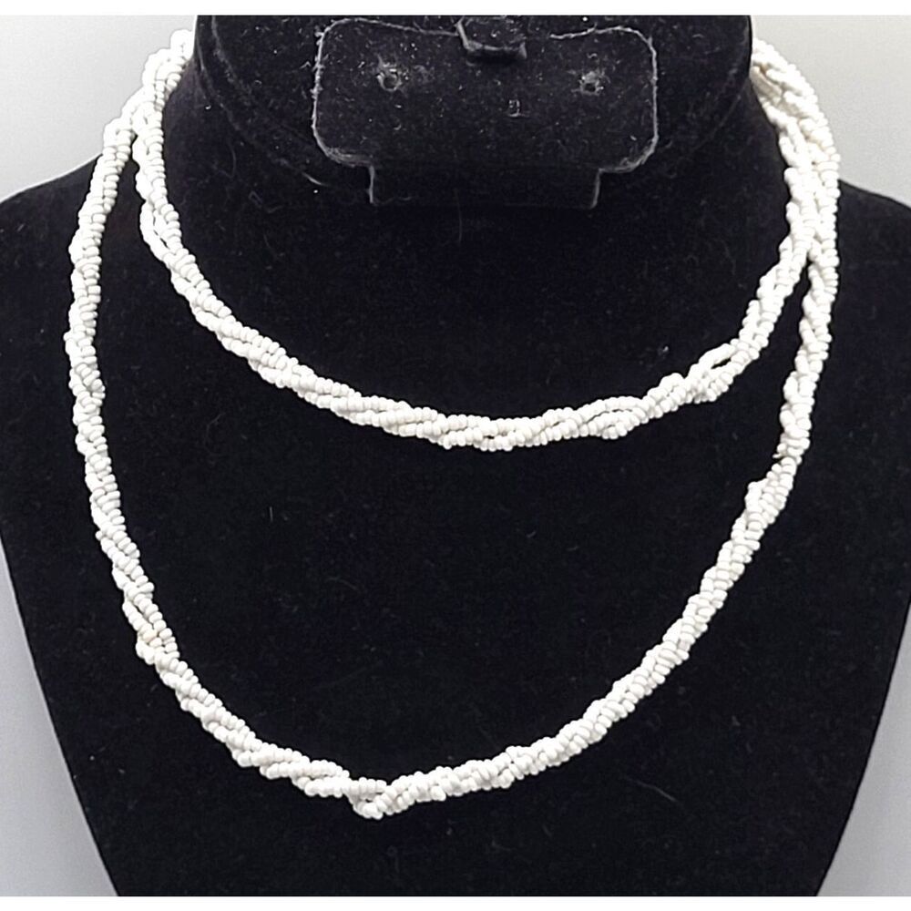 Vintage White Glass Bead Torsade NecklaceTwisted Boho Multi-Strand 30in - Picture 2 of 3